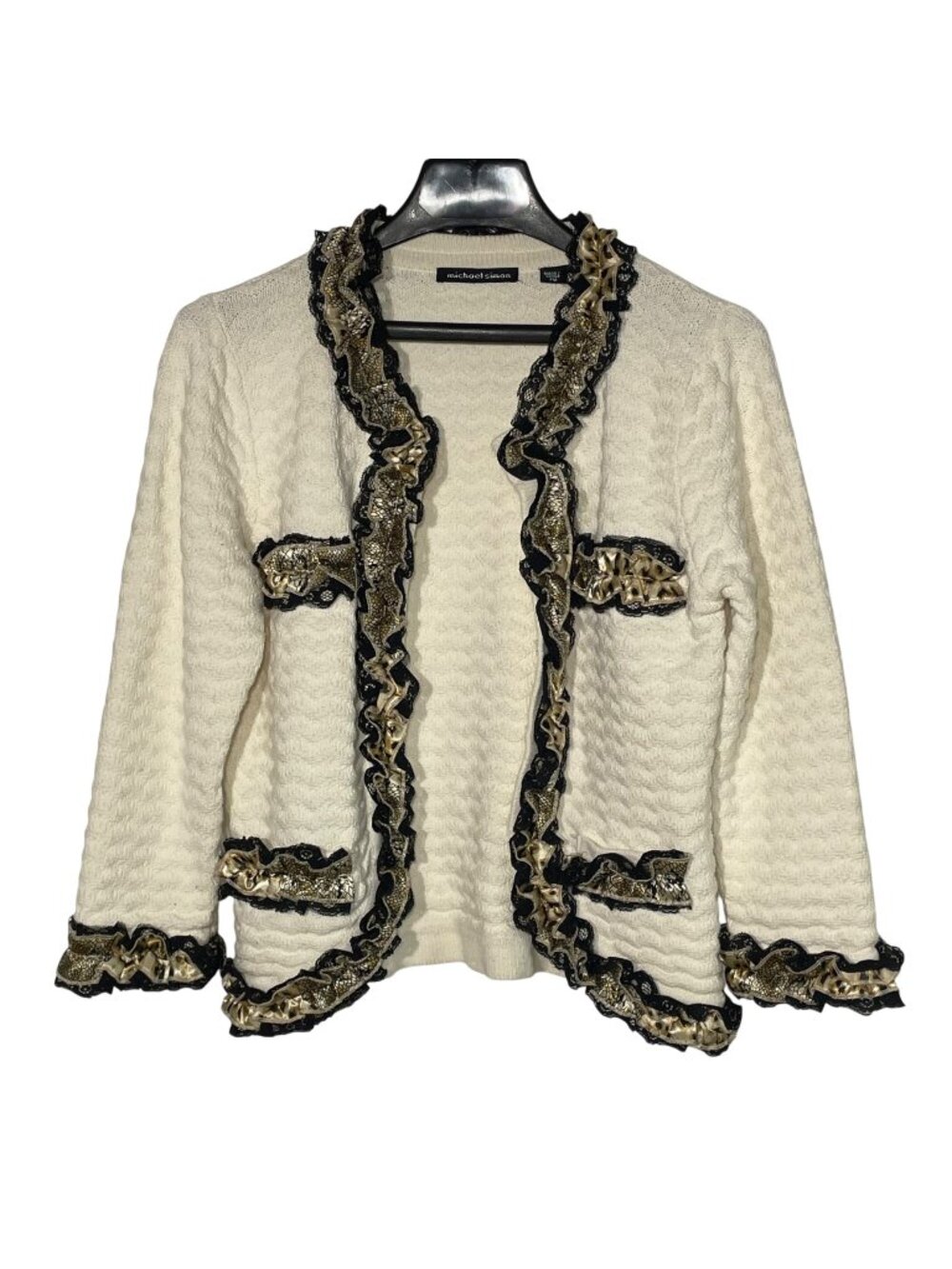 Michael Simon Animal Print Lace Ruffle Frilly Open Cardigan Ivory Sz MED PET